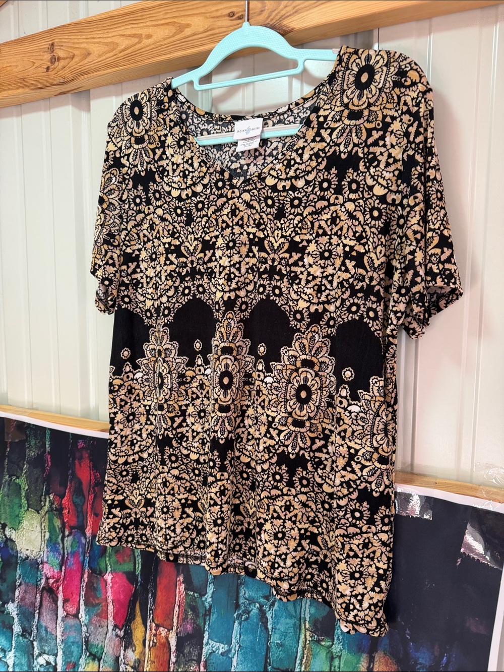 Jaclyn Smith Black Top with Beige Floral Medallion Print